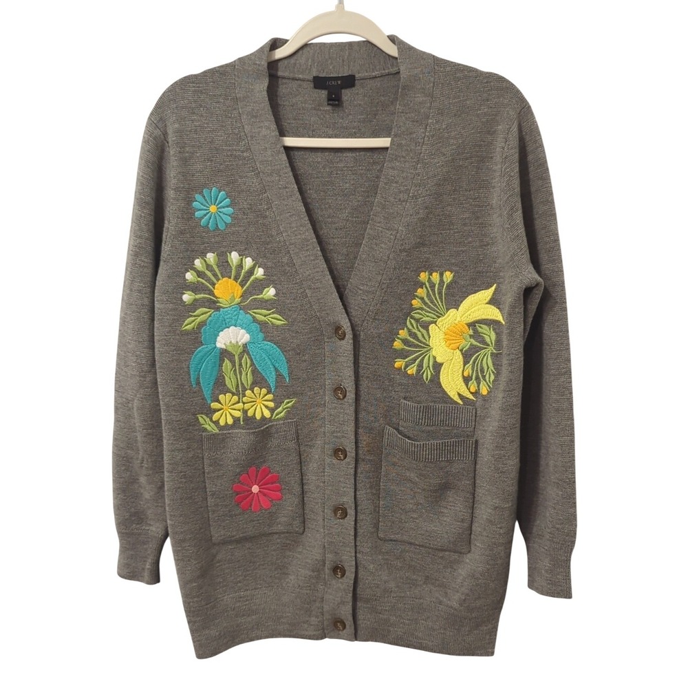 J Crew Cardigan Merino Wool Floral Embroidery Gray *Rare Sample* size Small